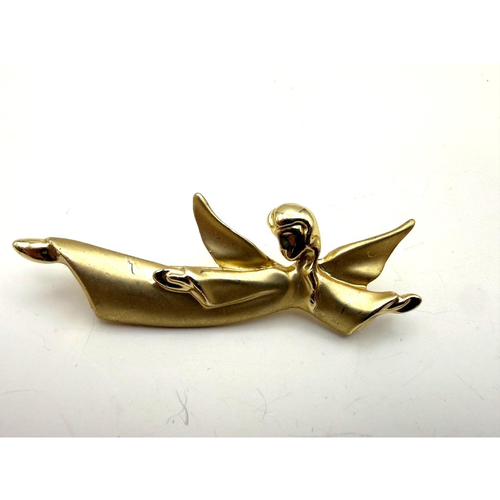 Vtg Giusti Gold Tone Flying Angel Brooch Pin Satin Finish Modernist Style